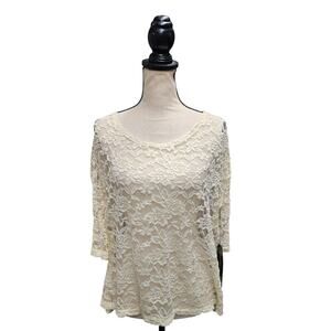 Dantelle Lace Cottagcore Top Sz L-XL Sheer Feminine Dainty 3/4 Sleeve